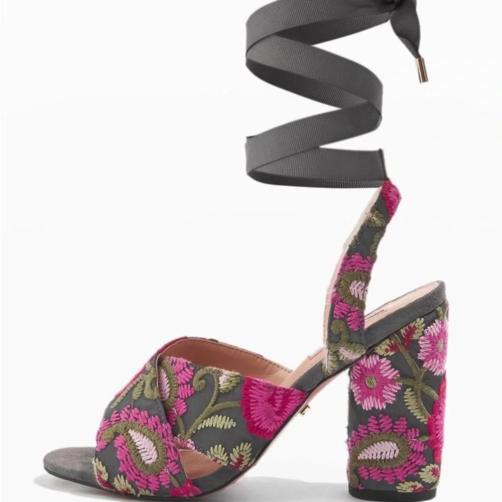 Topshop | Floral Embroidered Floral Women's Heels Pink Gray Tie Up Size 36 - Picture 2 of 8